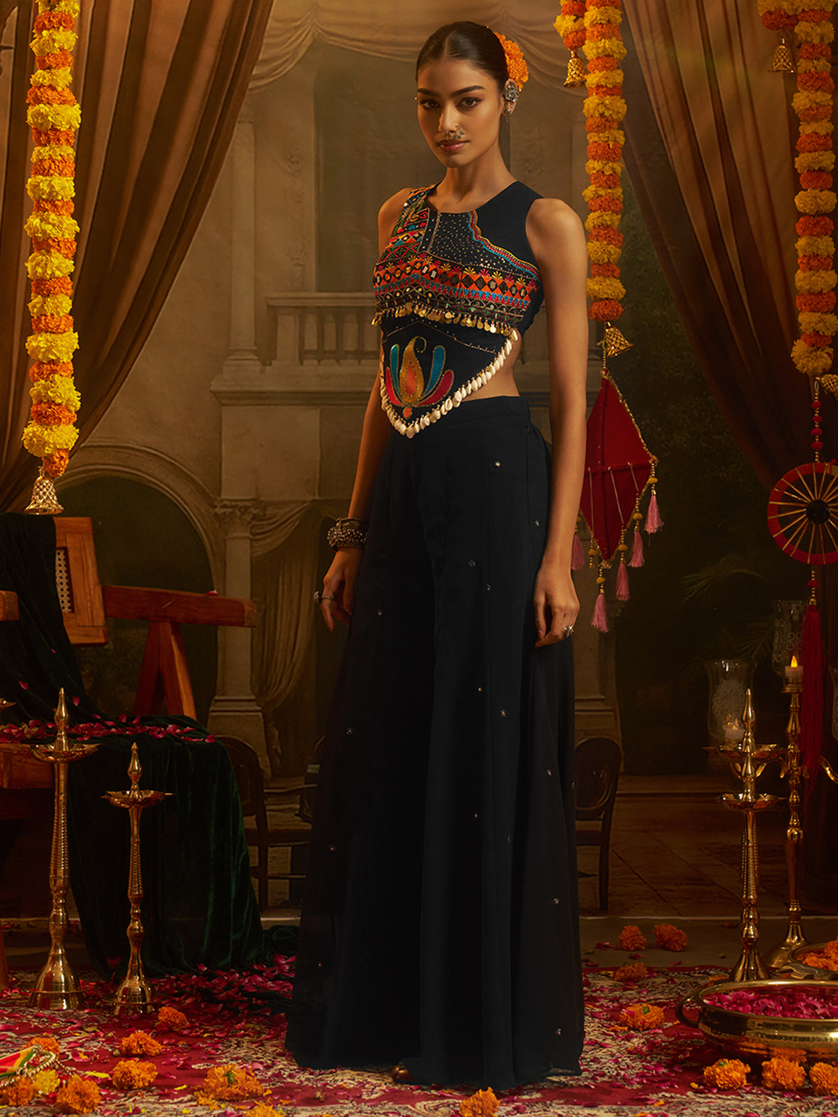Black Embroidered Indo-Western Palazzo Set with Multicolor Mirror Work