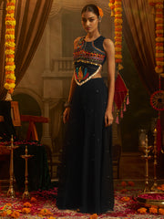 Black Embroidered Indo-Western Palazzo Set with Multicolor Mirror Work