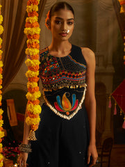 Black Embroidered Indo-Western Palazzo Set with Multicolor Mirror Work