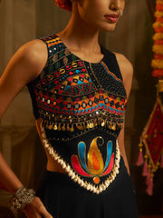 Black Embroidered Indo-Western Palazzo Set with Multicolor Mirror Work
