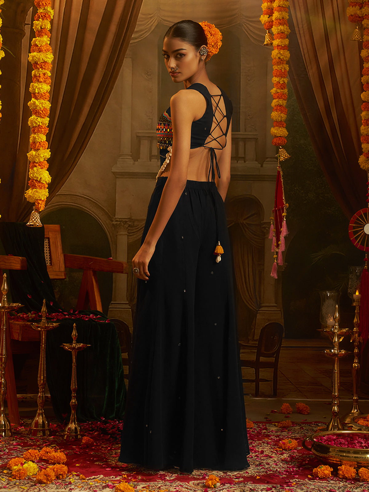Black Embroidered Indo-Western Palazzo Set with Multicolor Mirror Work
