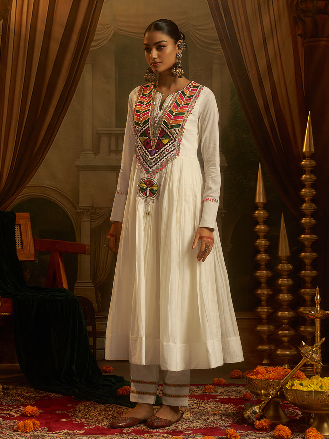 Off-White Mul Cotton Handwork Anarkali Kurta Set