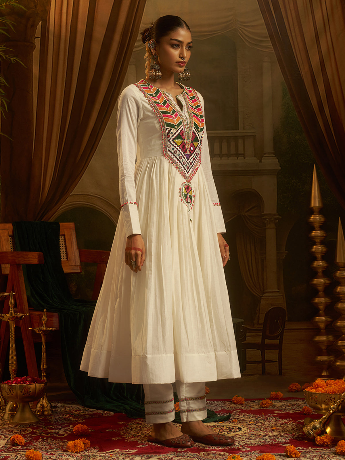 Off-White Mul Cotton Handwork Anarkali Kurta Set