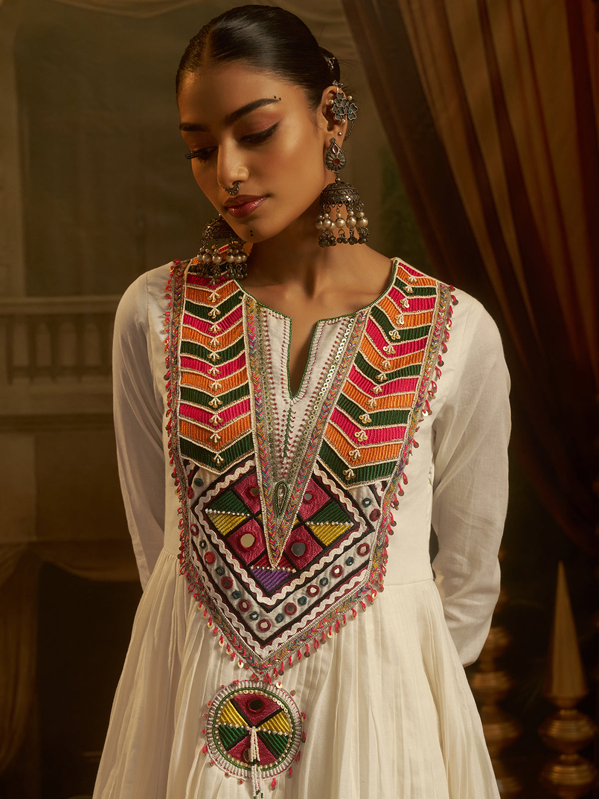 Off-White Mul Cotton Handwork Anarkali Kurta Set
