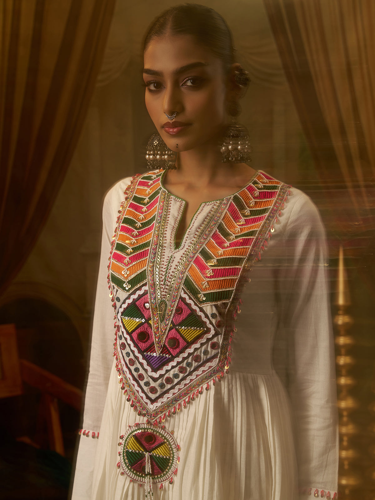 Off-White Mul Cotton Handwork Anarkali Kurta Set
