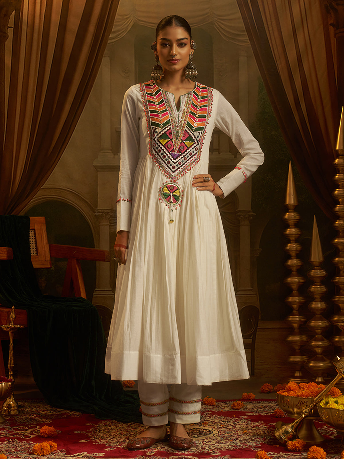 Off-White Mul Cotton Handwork Anarkali Kurta Set