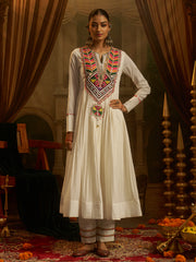 Off-White Mul Cotton Handwork Anarkali Kurta Set