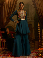 Teal Blue Mul Cotton Handwork Suit Set