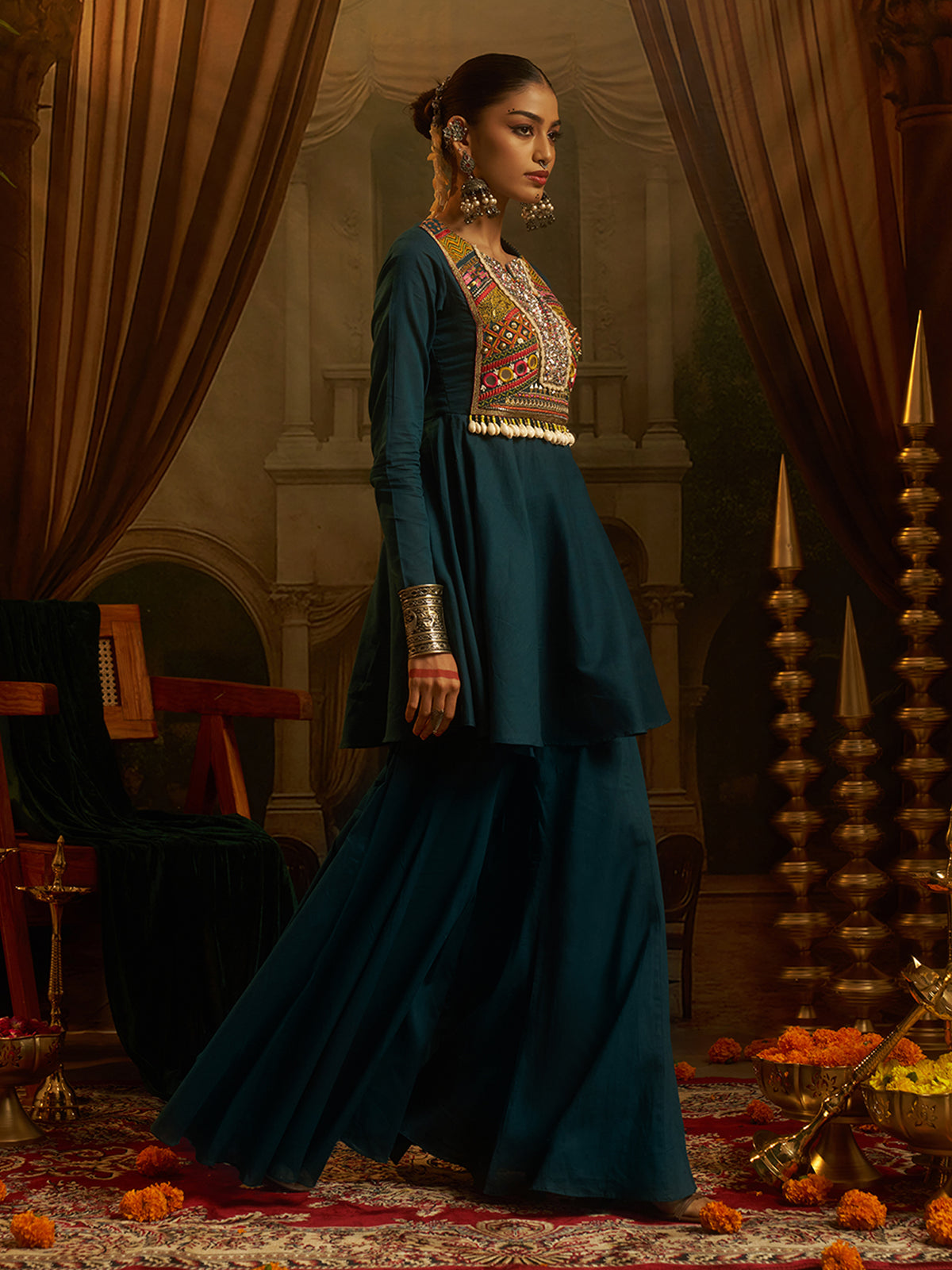 Teal Blue Mul Cotton Handwork Suit Set