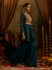 Teal Blue Mul Cotton Handwork Suit Set