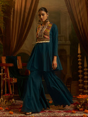 Teal Blue Mul Cotton Handwork Suit Set