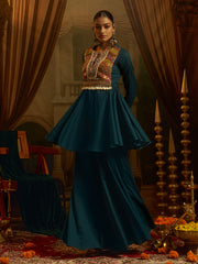 Teal Blue Mul Cotton Handwork Suit Set