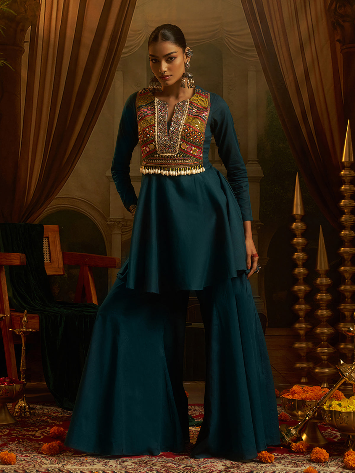 Teal Blue Mul Cotton Handwork Suit Set