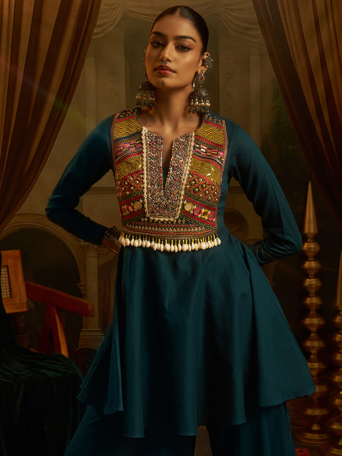 Teal Blue Mul Cotton Handwork Suit Set