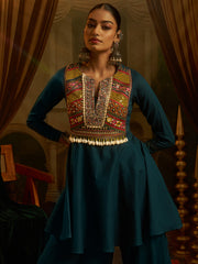 Teal Blue Mul Cotton Handwork Suit Set