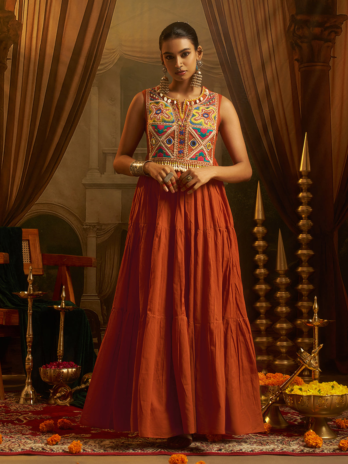 Rust Orange Mul Cotton Handwork Anarkali Set