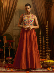 Rust Orange Mul Cotton Handwork Anarkali Set