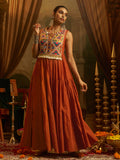 Rust Orange Mul Cotton Handwork Anarkali Set
