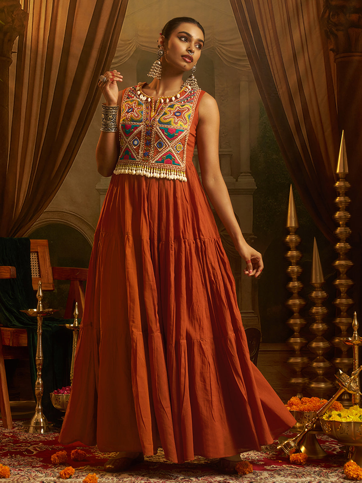 Rust Orange Mul Cotton Handwork Anarkali Set