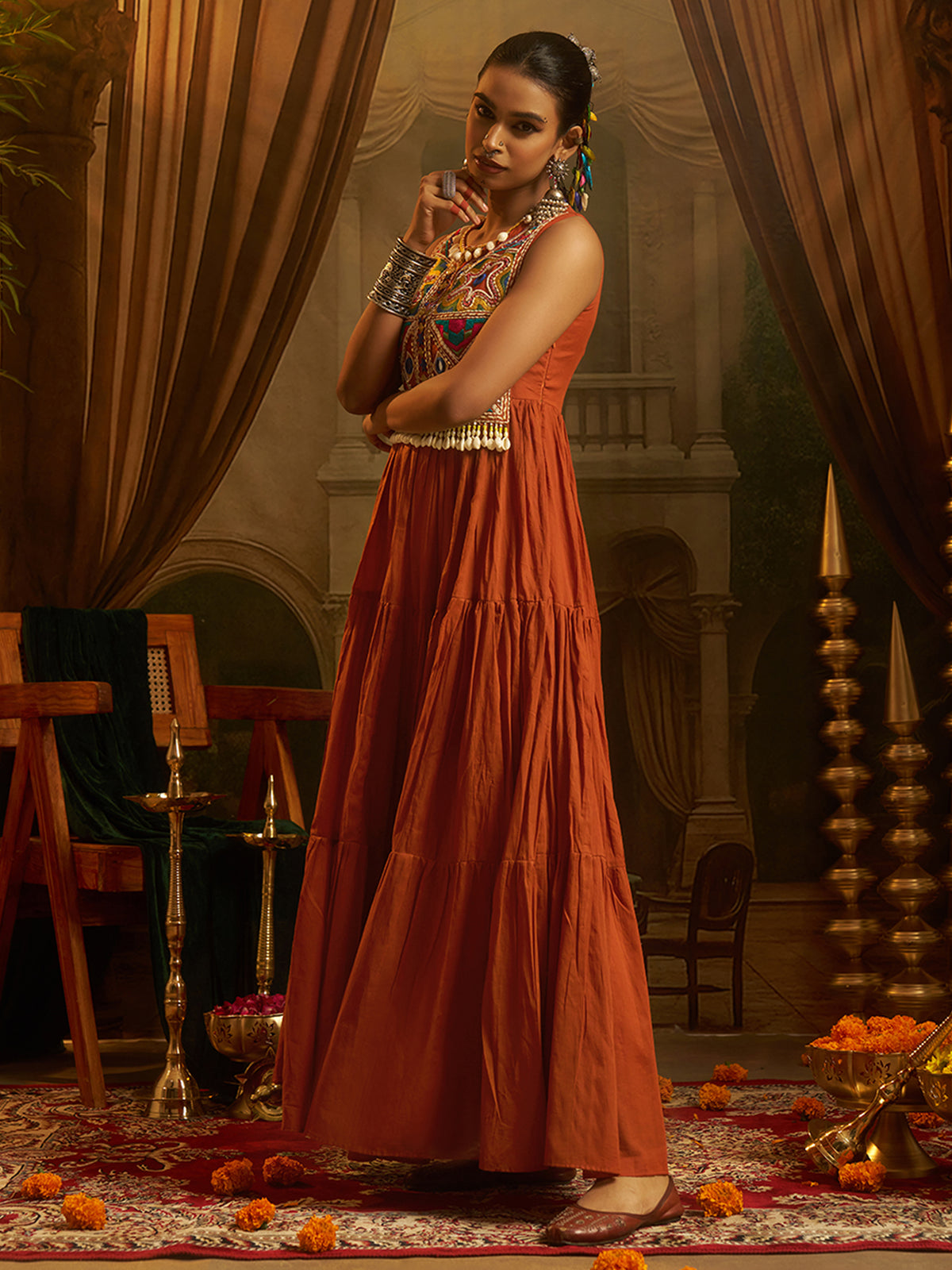 Rust Orange Mul Cotton Handwork Anarkali Set