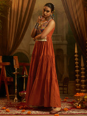 Rust Orange Mul Cotton Handwork Anarkali Set