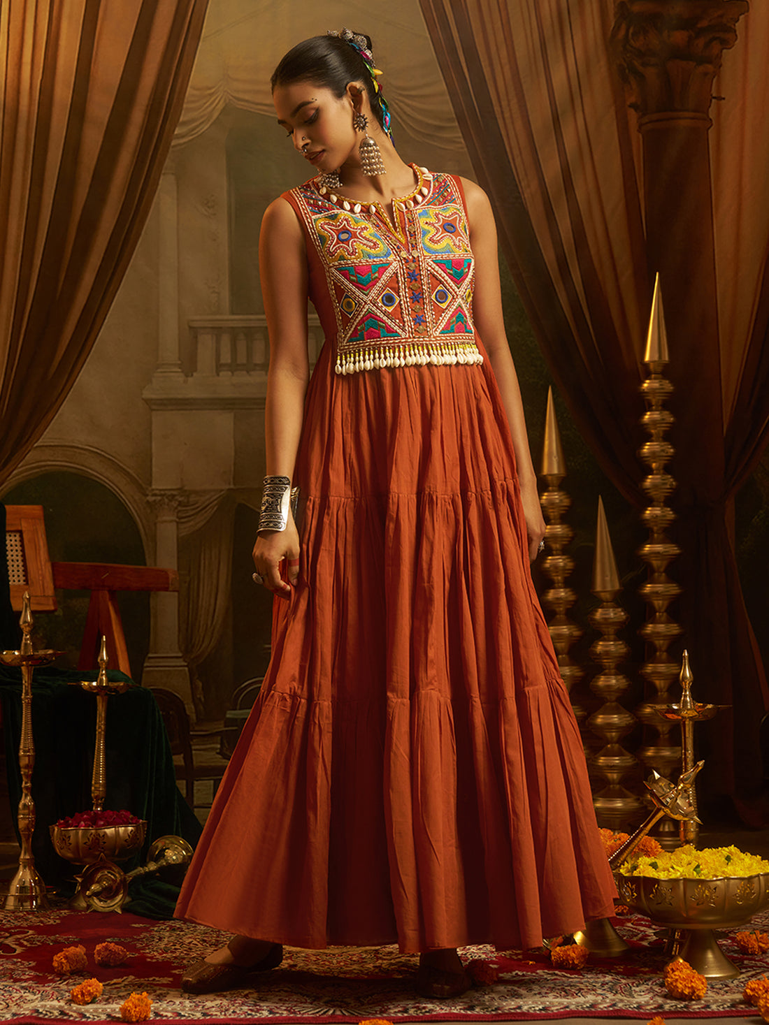Rust Orange Mul Cotton Handwork Anarkali Set