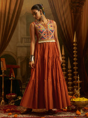 Rust Orange Mul Cotton Handwork Anarkali Set
