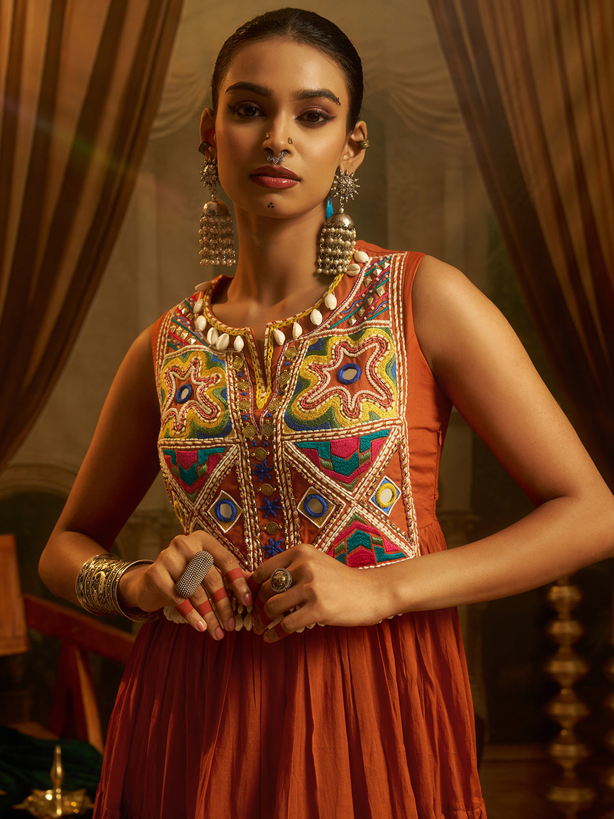 Rust Orange Mul Cotton Handwork Anarkali Set