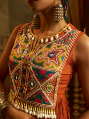 Rust Orange Mul Cotton Handwork Anarkali Set