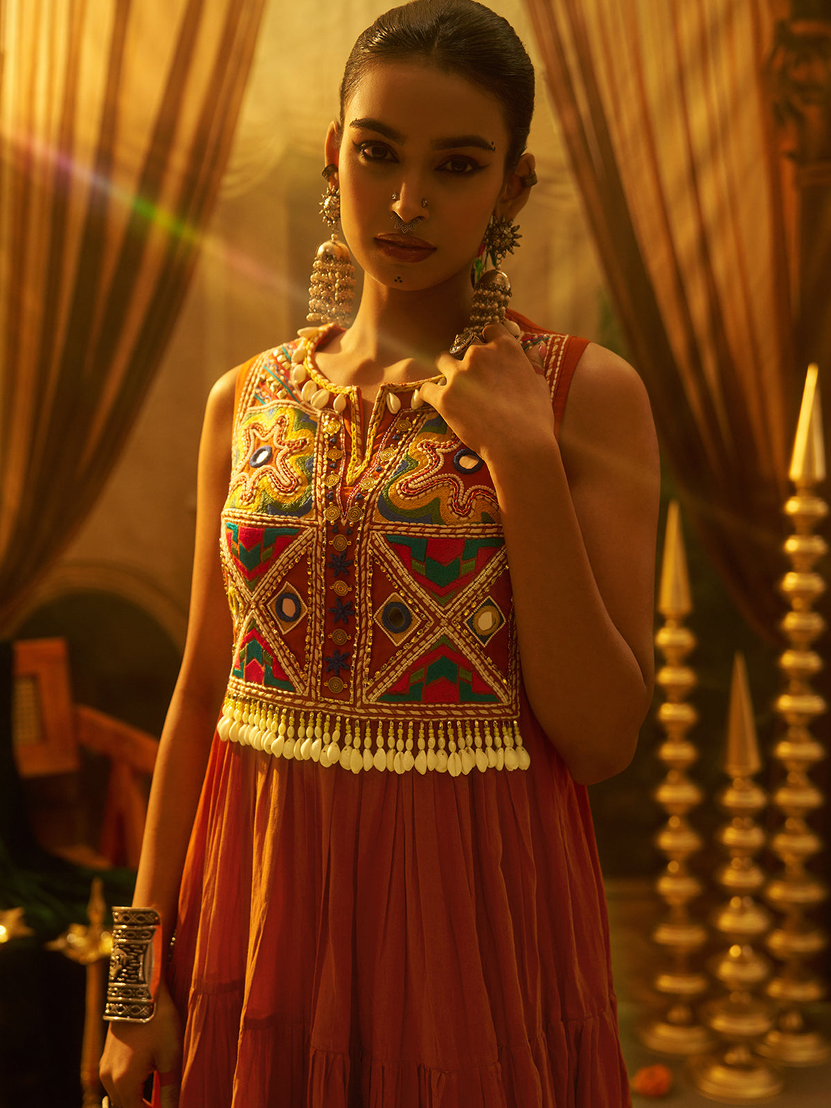 Rust Orange Mul Cotton Handwork Anarkali Set