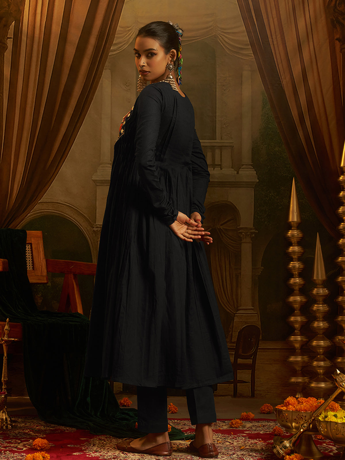 Black Mul Cotton Handwork Anarkali Kurta Set