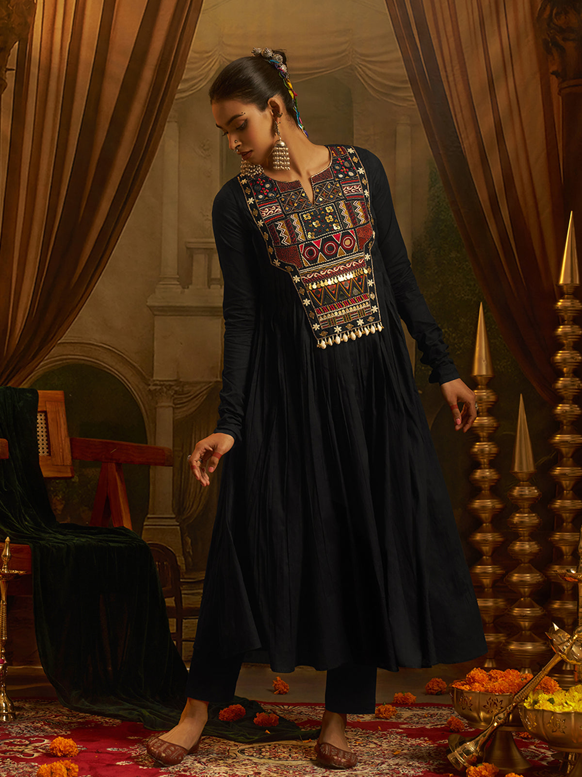 Black Mul Cotton Handwork Anarkali Kurta Set