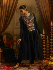 Black Mul Cotton Handwork Anarkali Kurta Set