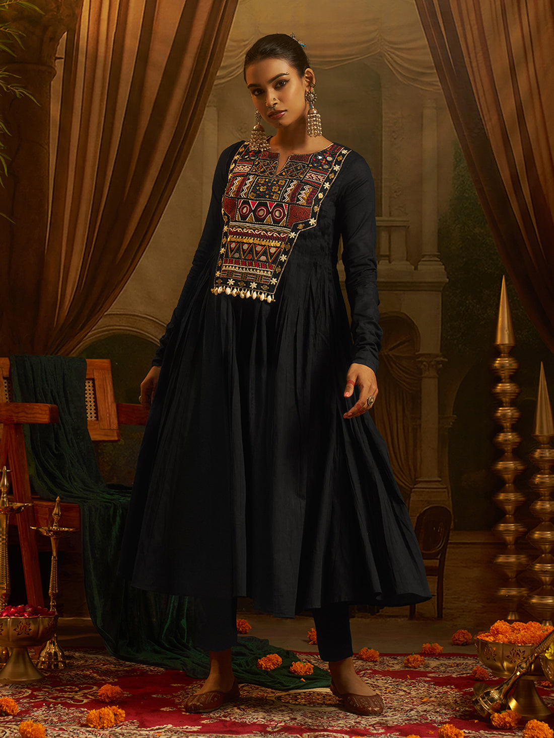 Black Mul Cotton Handwork Anarkali Kurta Set