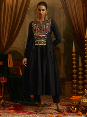 Black Mul Cotton Handwork Anarkali Kurta Set