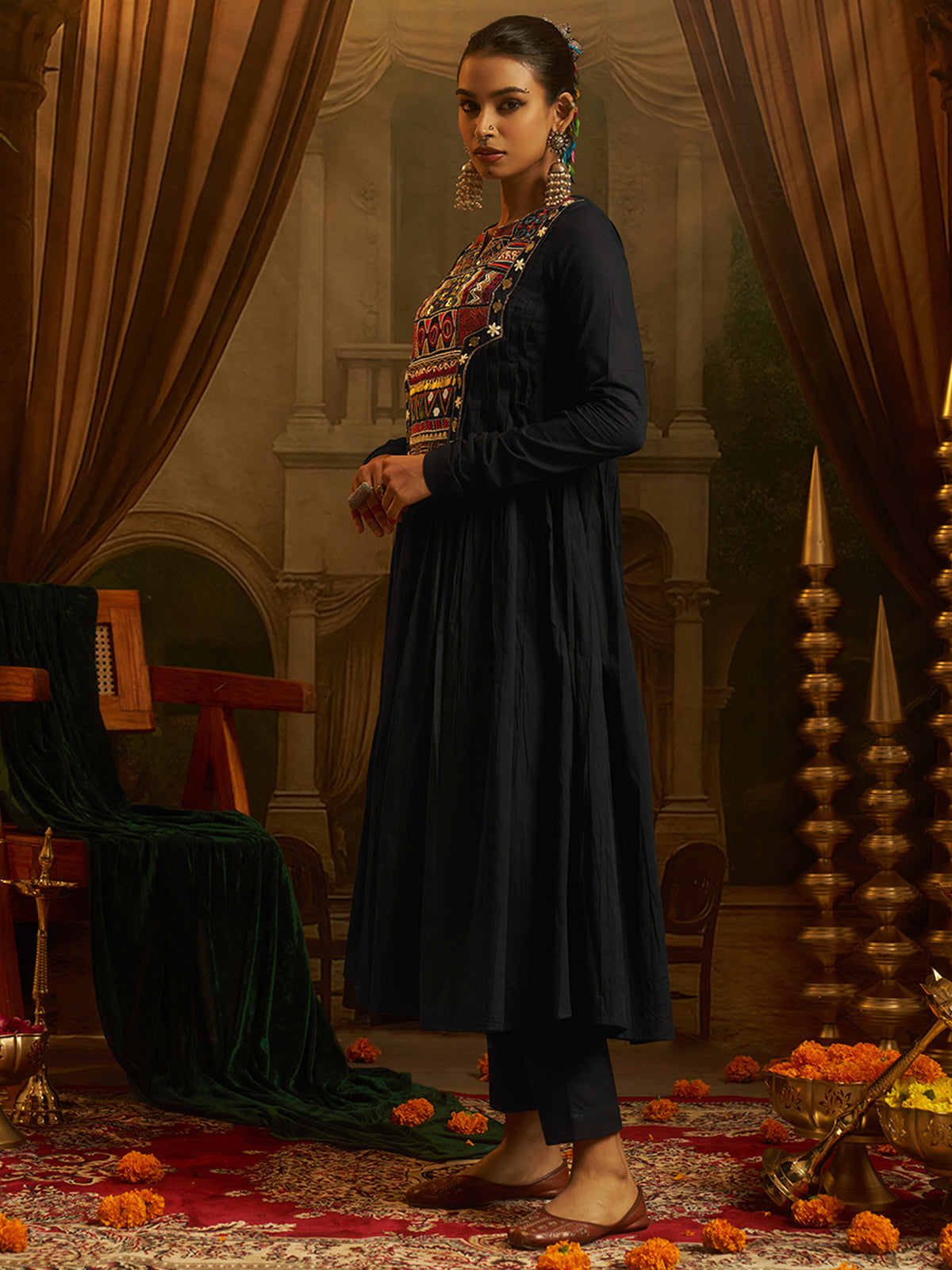 Black Mul Cotton Handwork Anarkali Kurta Set