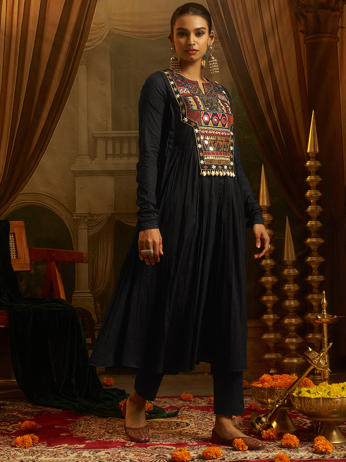 Black Mul Cotton Handwork Anarkali Kurta Set