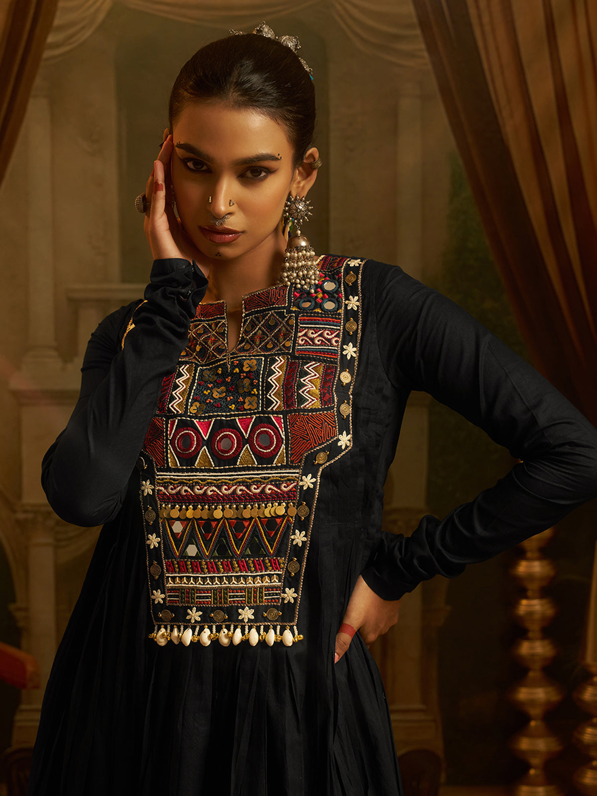 Black Mul Cotton Handwork Anarkali Kurta Set