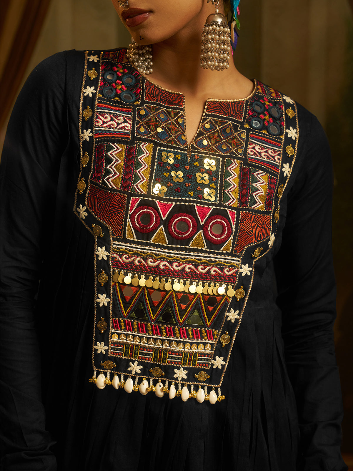 Black Mul Cotton Handwork Anarkali Kurta Set