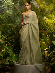 Sage Green Ready-to-Wear Pure Tissue Saree & Stitched Blouse