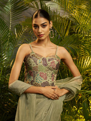 Sage Green Ready-to-Wear Pure Tissue Saree & Stitched Blouse