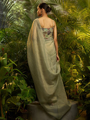 Sage Green Ready-to-Wear Pure Tissue Saree & Stitched Blouse