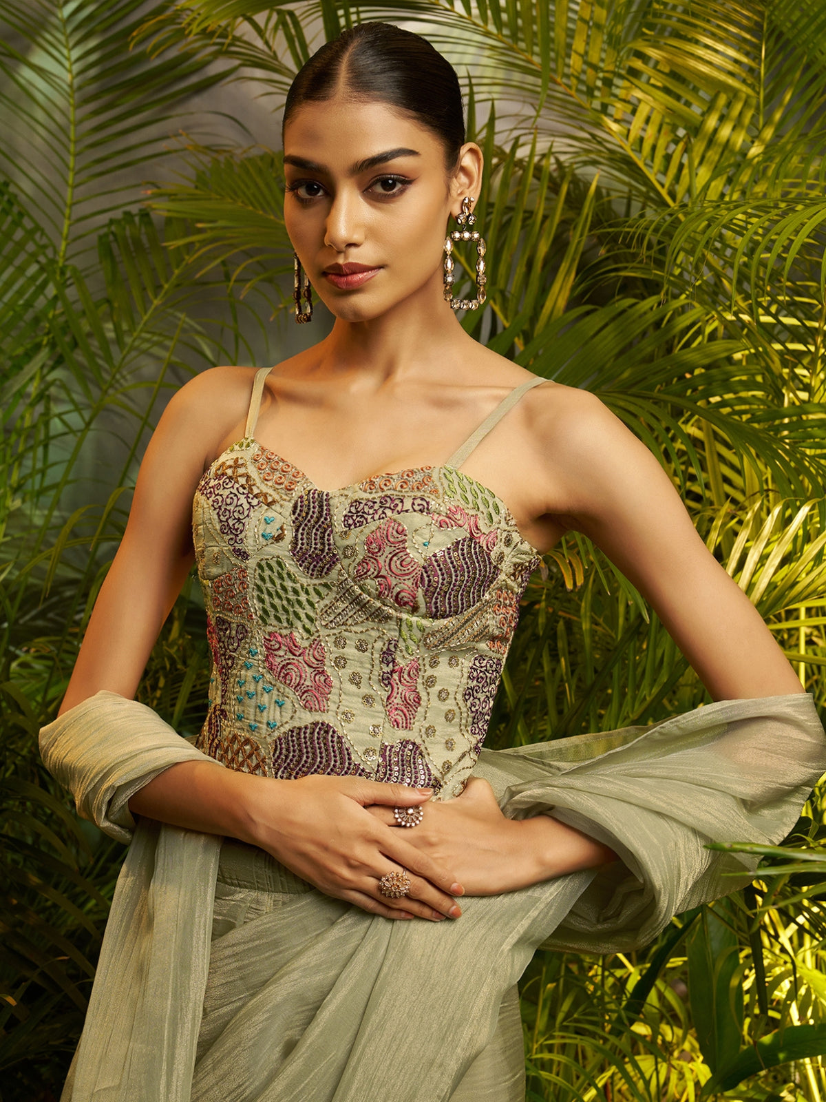 Sage Green Ready-to-Wear Pure Tissue Saree & Stitched Blouse