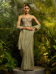 Sage Green Ready-to-Wear Pure Tissue Saree & Stitched Blouse