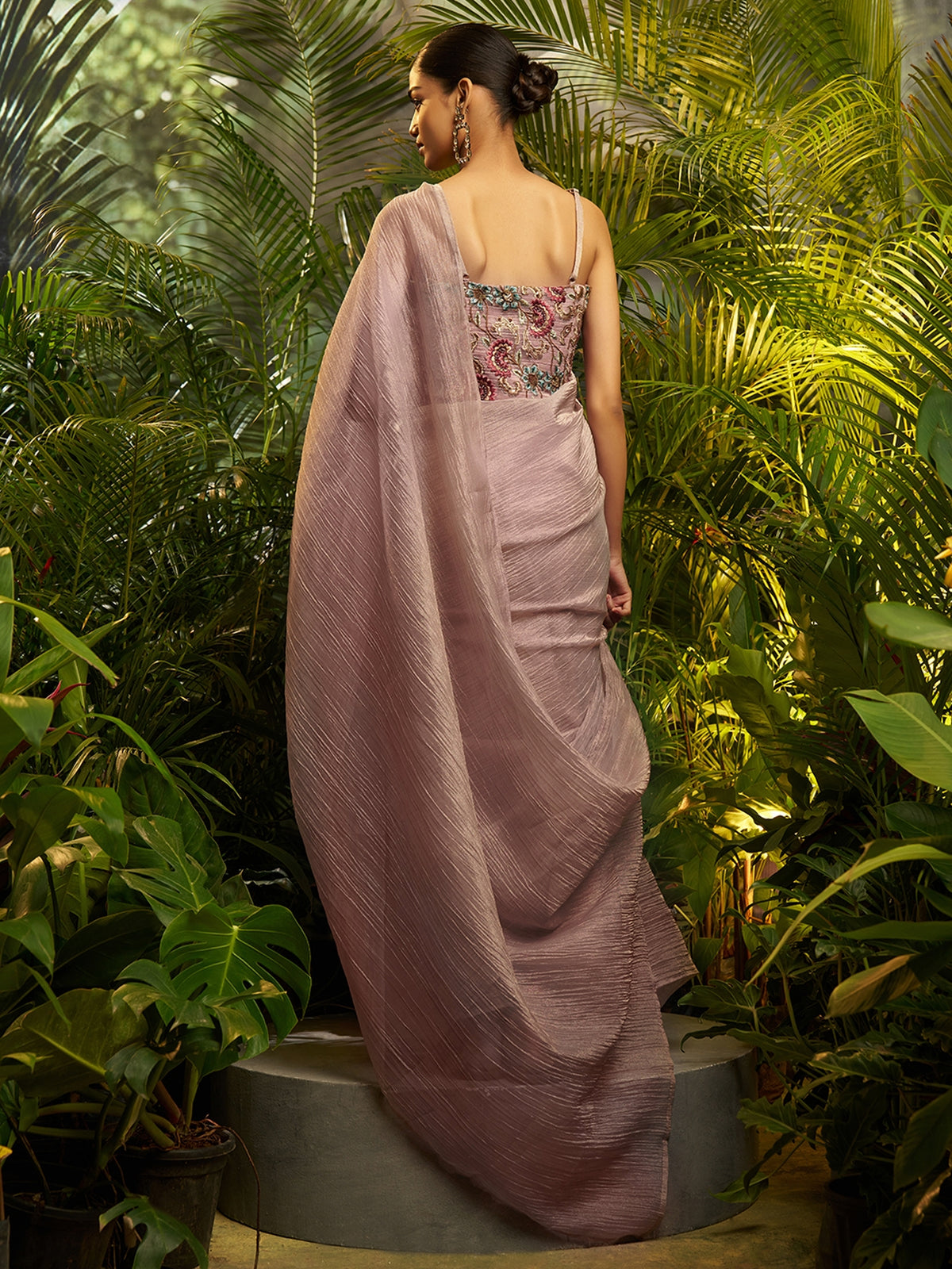 Dusty Rose Pink Pre-Draped Pure Tissue Saree with Blouse