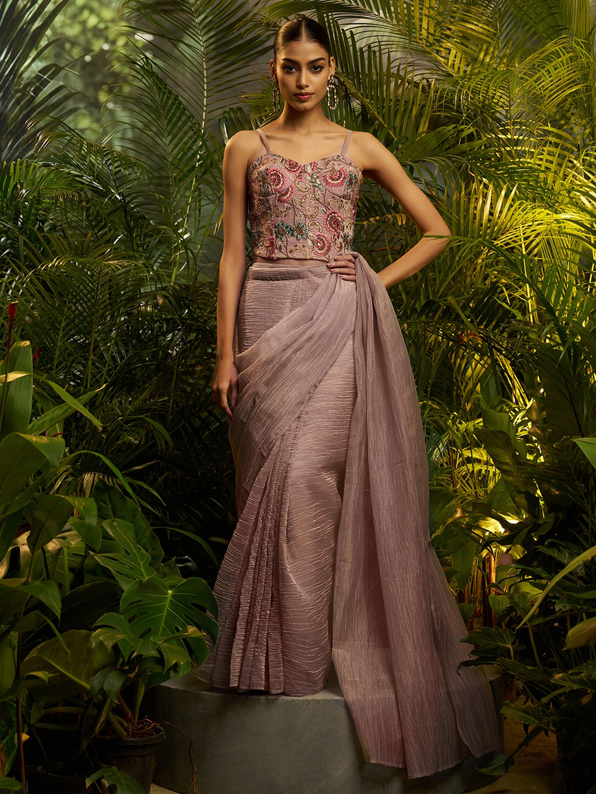 Dusty Rose Pink Pre-Draped Pure Tissue Saree with Blouse