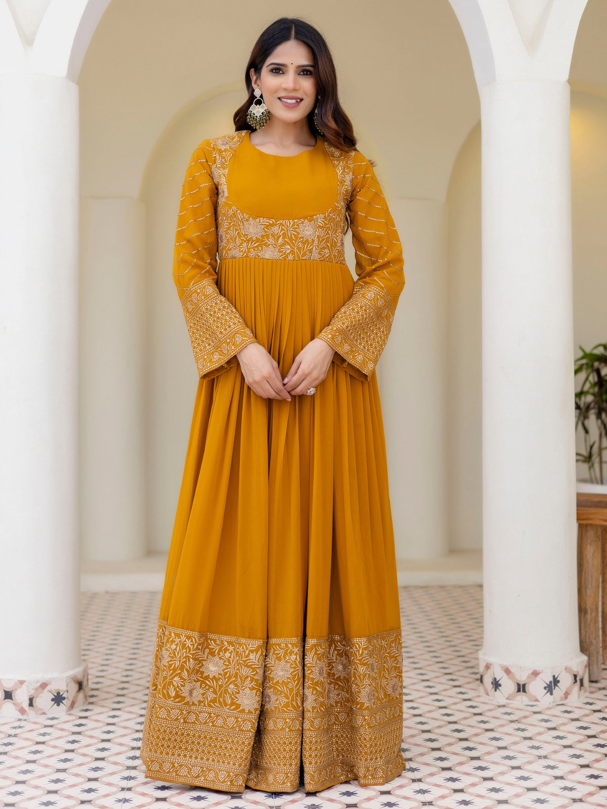 Mustard Yellow Georgette Embroidered Anarkali with Dupatta