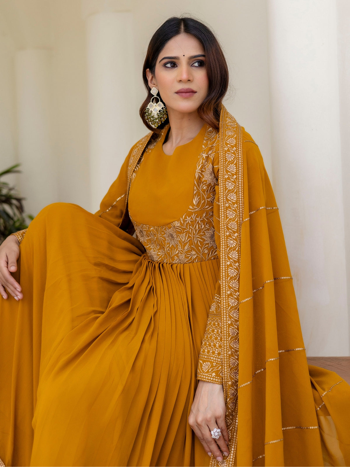 Mustard Yellow Georgette Embroidered Anarkali with Dupatta