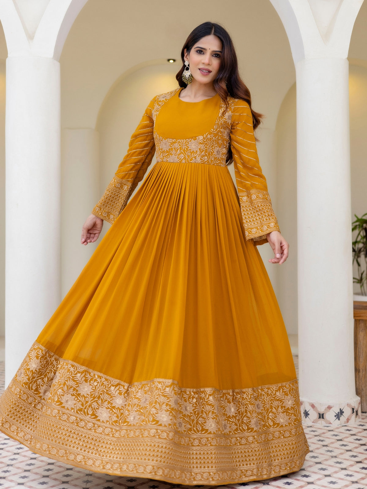 Mustard Yellow Georgette Embroidered Anarkali with Dupatta