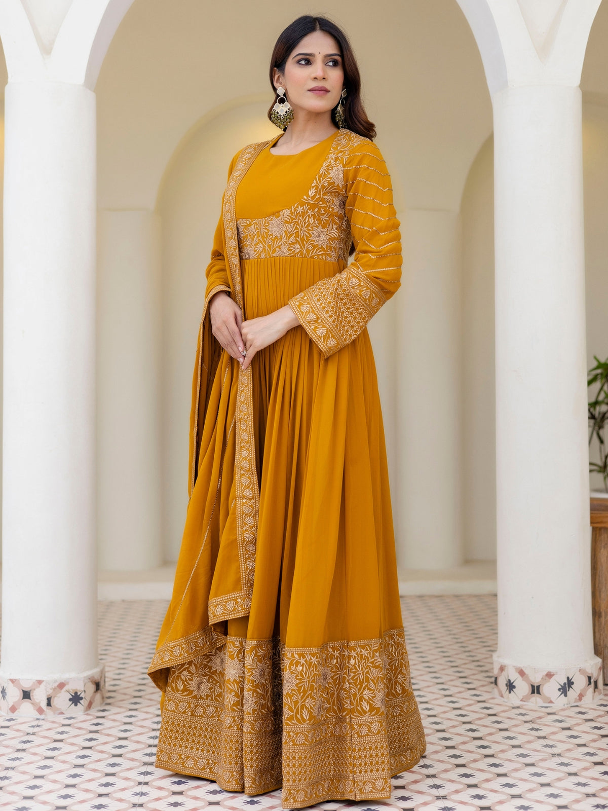 Mustard Yellow Georgette Embroidered Anarkali with Dupatta